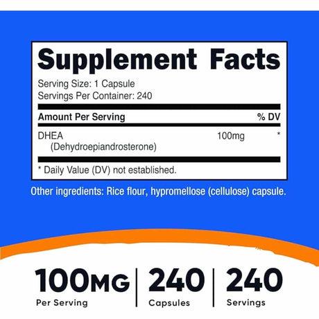 Nutricost  DHEA 100 mg - 240 Cápsulas - Tabla Nutricional - Haz Tu Pedido