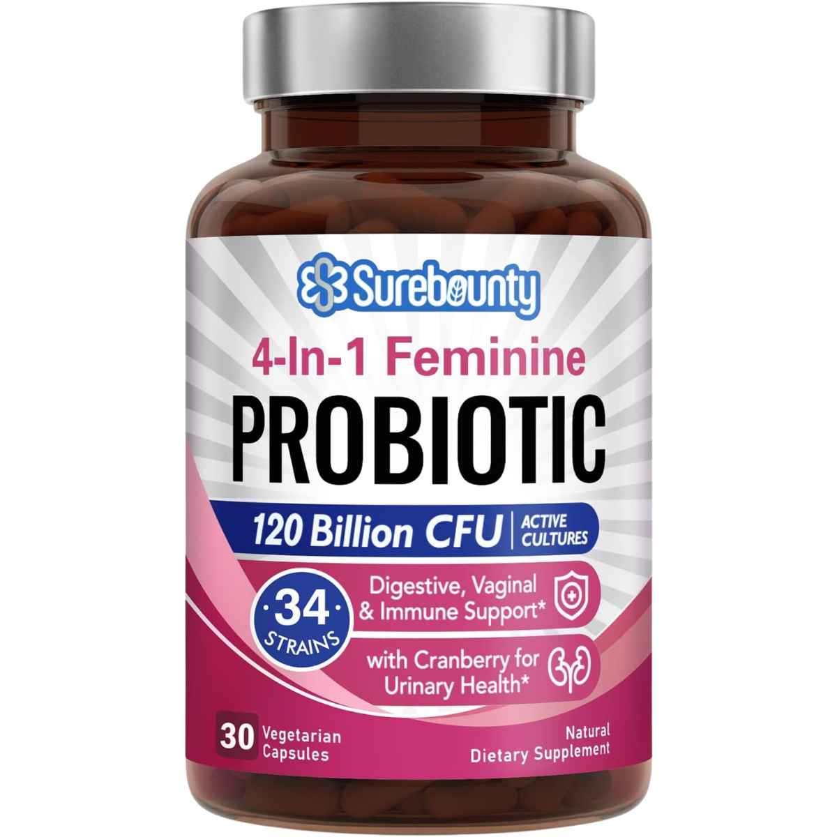 Surebounty Probiótico para Mujer Apoyo Completo 120 Mil Millones CFU - 30 Cápsulas Vegetarianas - Haz Tu Pedido