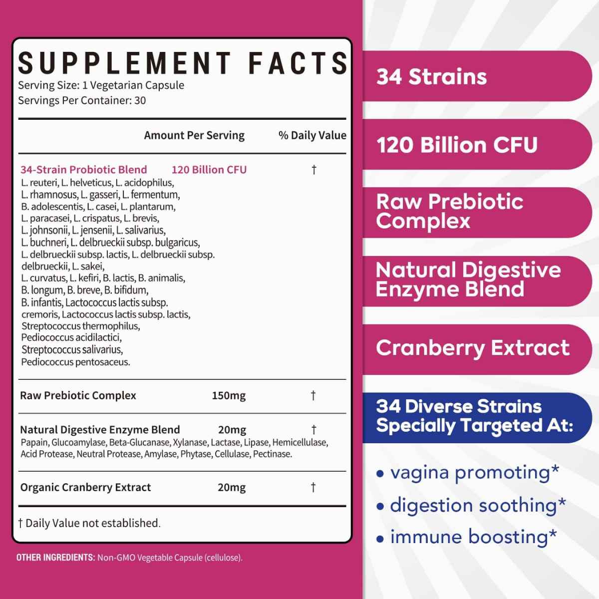 Surebounty Probiótico para Mujer Apoyo Completo 120 Mil Millones CFU - 30 Cápsulas Vegetarianas - Tabla Nutricional - Haz Tu Pedido