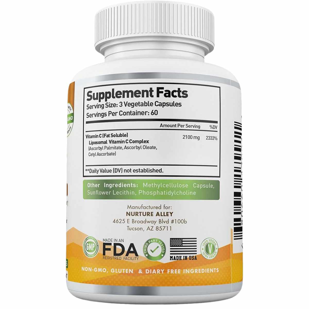 Nurture Alley Vitamina C Liposomal 2100 mg - 180 Cápsulas Vegetales - Tabla Nutricional - Haz Tu Pedido