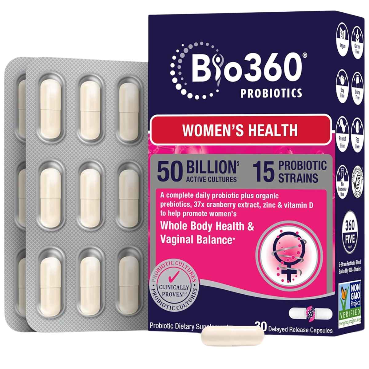 Bio360 Suplemento Probiótico para Salud Digestiva Inmunológica y Vaginal 50 Mil Millones CFU - 30 Cápsulas de Liberación Retardada - Haz Tu Pedido