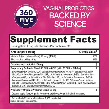 Bio360 Suplemento Probiótico para Salud Digestiva Inmunológica y Vaginal 50 Mil Millones CFU - 30 Cápsulas de Liberación Retardada - Tabla Nutricional - Haz Tu Pedido