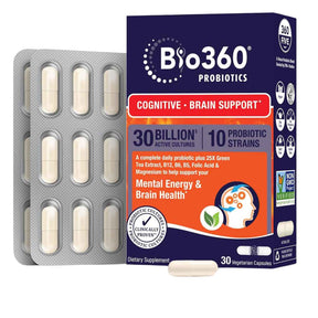 Bio360 Probiótico de Apoyo Cognitivo para la Salud Cerebral 30 Mil Millones - 30 Cápsulas Vegetarianas - Haz Tu Pedido