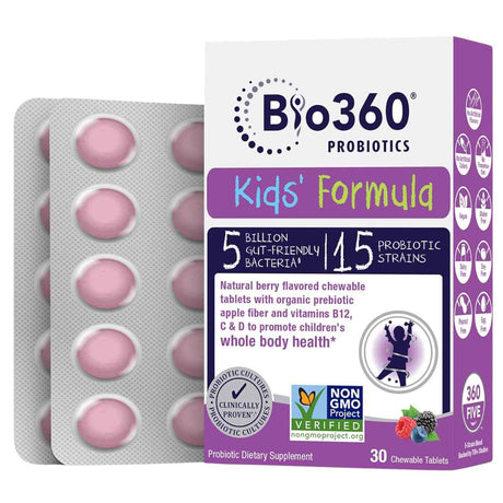 Bio360 Suplemento Probiótico Infantil para el Soporte Diario del Sistema Digestivo 5 Mil Millones CFU - Sabor Mezcla de Bayas - 30 Tabletas Masticable - Haz Tu Pedido
