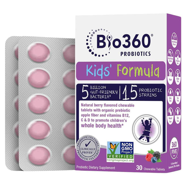 Bio360 Suplemento Probiótico Infantil para el Soporte Diario del Sistema Digestivo 5 Mil Millones CFU - Sabor Mezcla de Bayas - 30 Tabletas Masticable - Haz Tu Pedido