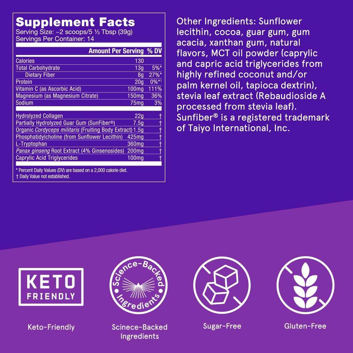 Bulletproof Proteína Colágeno Energizante - Sabor Chocolate Negro - 546 g - Tabla Nutricional - Haz Tu Pedido