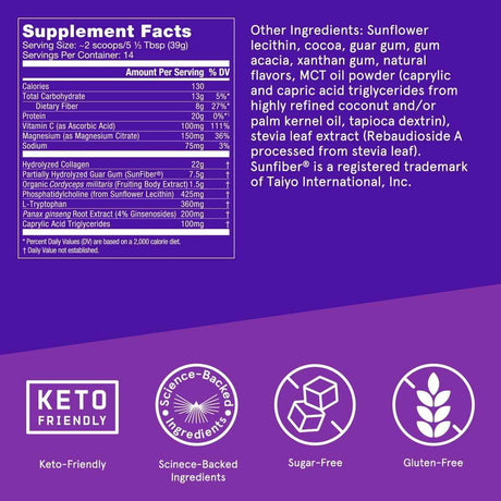 Bulletproof Proteína Colágeno Energizante - Sabor Chocolate Negro - 546 g - Tabla Nutricional - Haz Tu Pedido
