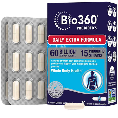 Bio360 Suplemento Probiótico Diario de Alta Potencia 60 Mil Millones CFU - 30 Cápsulas de Liberación Retardada - Haz Tu Pedido