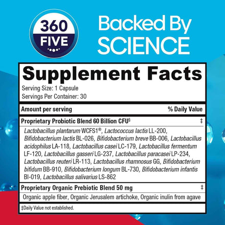 Bio360 Suplemento Probiótico Diario de Alta Potencia 60 Mil Millones CFU - 30 Cápsulas de Liberación Retardada - Tabla Nutricional - Haz Tu Pedido
