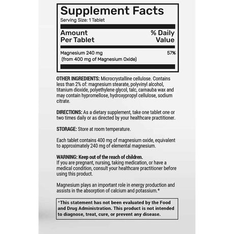Puregen Labs Óxido de Magnesio 400 mg - 120 Tabletas - Tabla Nutricional - Haz Tu Pedido