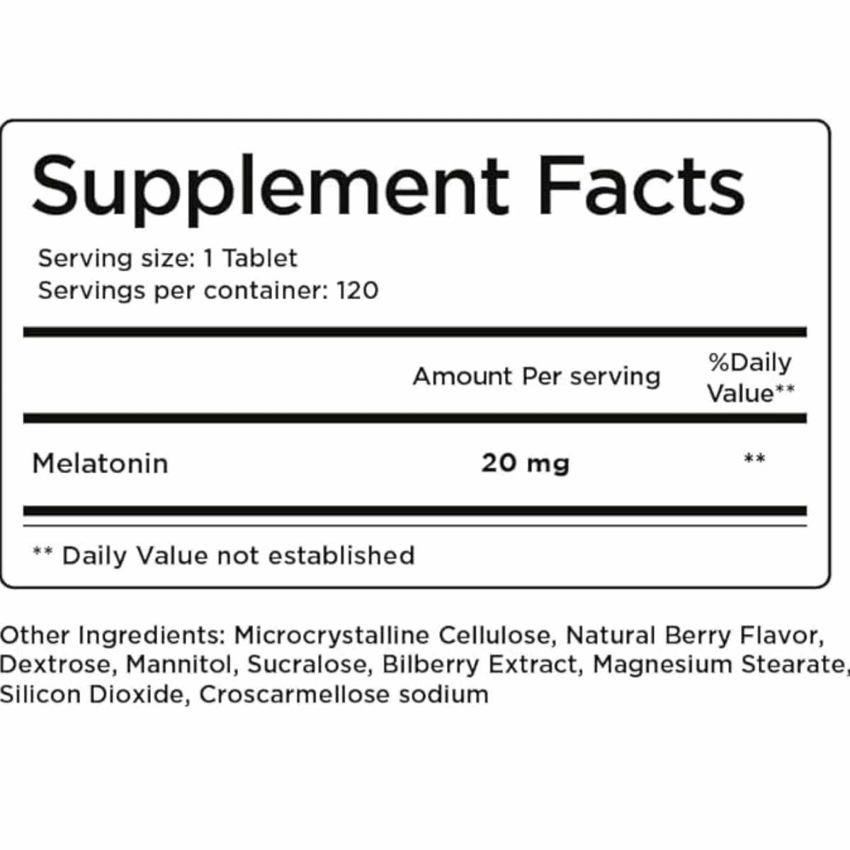 Balance Breens Melatonina 20 mg - 120  Tabletas - Tabla Nutricional - Haz Tu Pedido