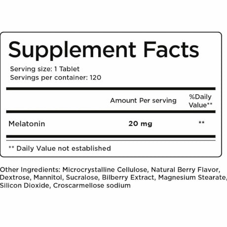 Balance Breens Melatonina 20 mg - 120  Tabletas - Tabla Nutricional - Haz Tu Pedido
