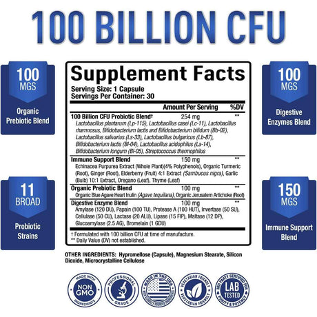 Purely Optimal  Probioticos 100 Mil Millones CFU - 30 Cápsulas Vegetales - Tabla Nutricional - Haz Tu Pedido