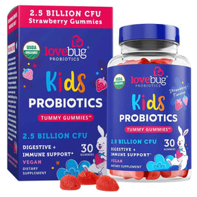 Lovebug Probiotics Bienestar Digestivo Infantil Orgánico 25 Mil Millones CFU - Sabor Fresa - 30 Gomitas - Haz Tu Pedido
