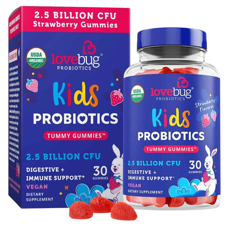 Lovebug Probiotics Bienestar Digestivo Infantil Orgánico 25 Mil Millones CFU - Sabor Fresa - 30 Gomitas - Haz Tu Pedido