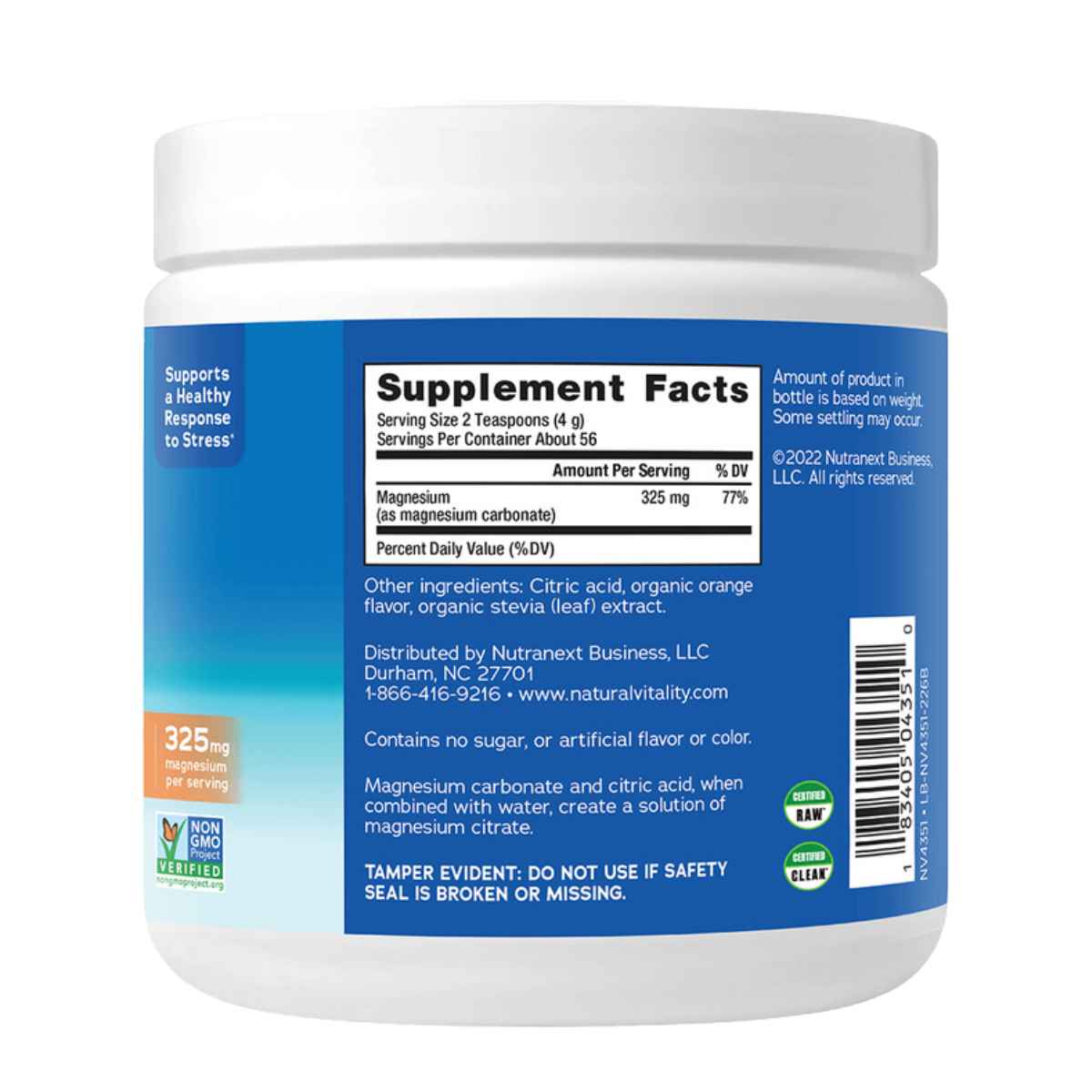 Natural Vitality Calm Magnesio 325 mg - Sabor Naranja - 226 g - Tabla Nutricional - Haz Tu Pedido