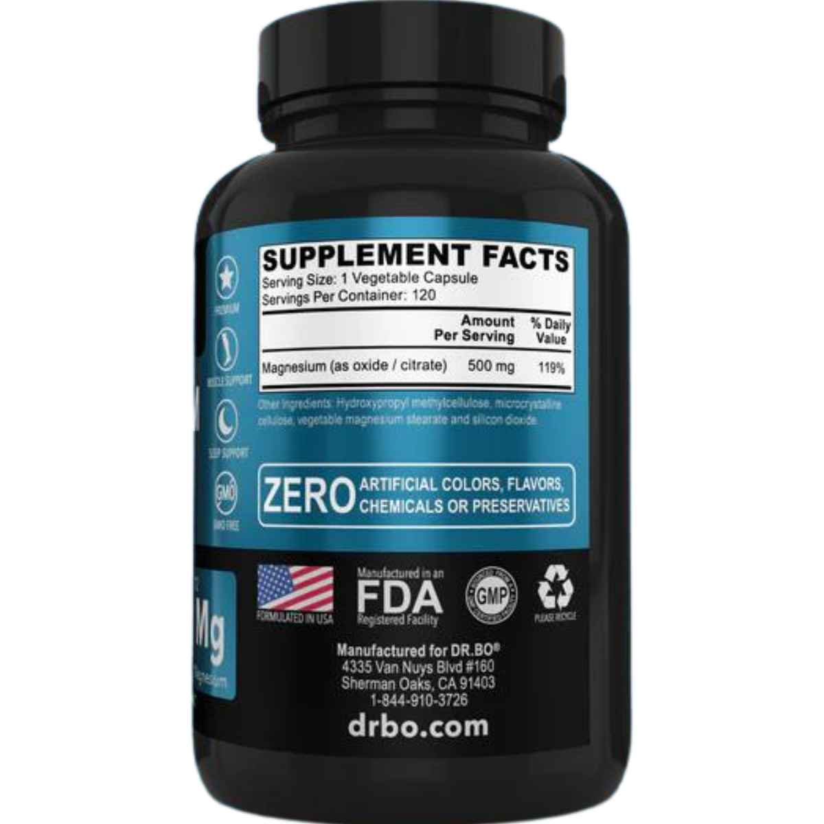 Dr.bo Complejo De Magnesio  500 mg - 120  Cápsulas - Tabla Nutricional - Haz Tu Pedido