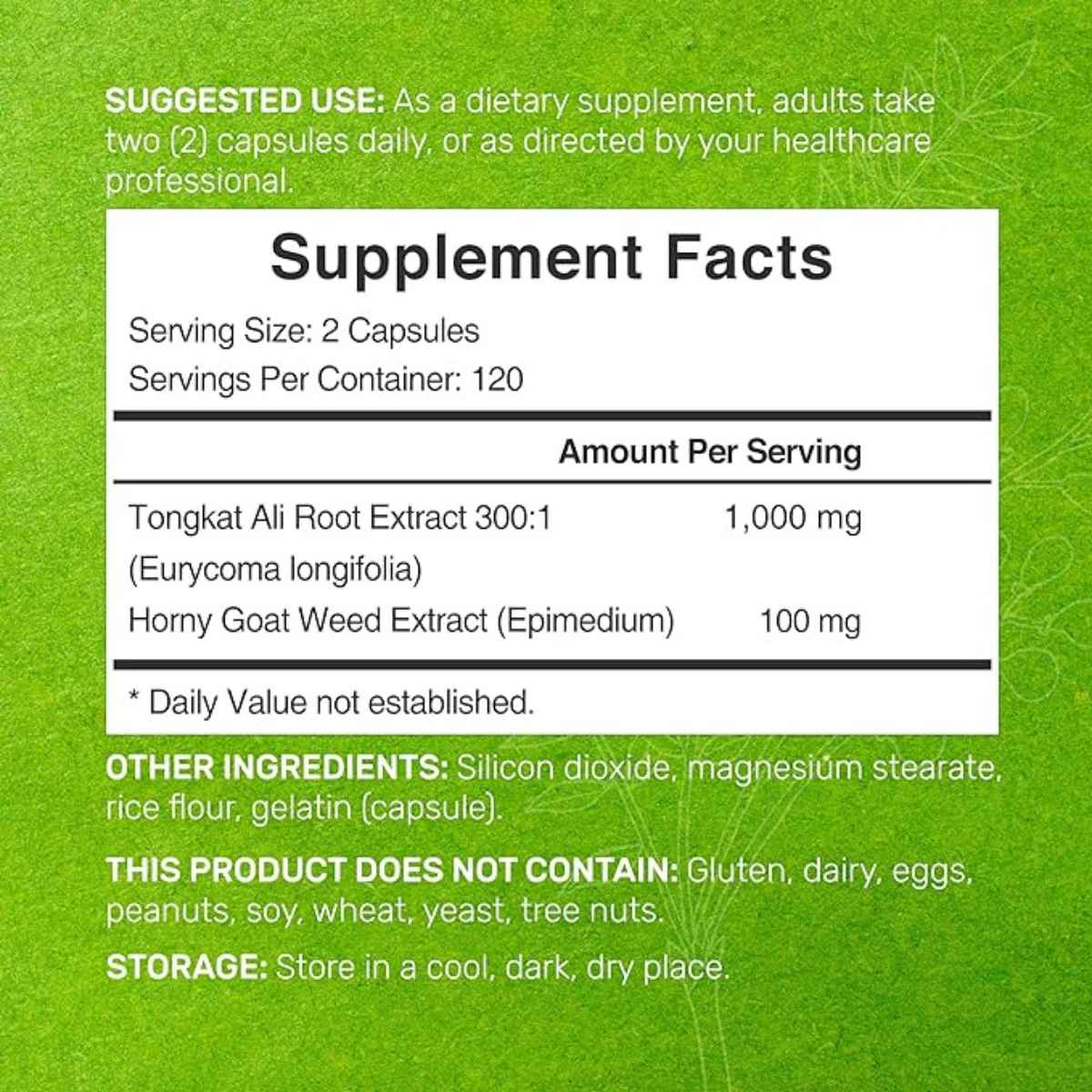 Deal Supplement Tongkat Ali 1100 mg - 240 Cápsulas - Tabla Nutricional - Haz Tu Pedido