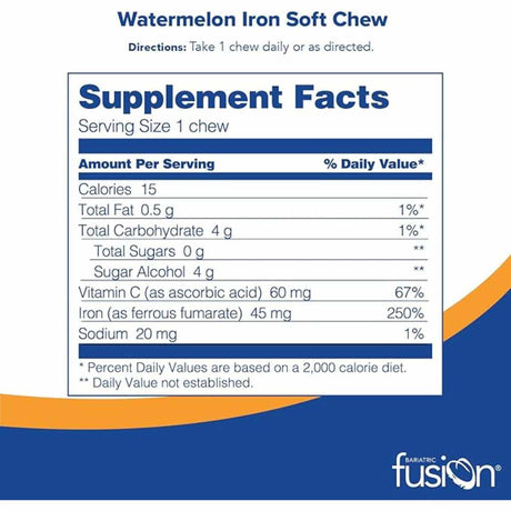Bariatric Fusion Hierro  45 mg - Sabor Sandía - 60 Masticables Suaves - Tabla Nutricional - Haz Tu Pedido