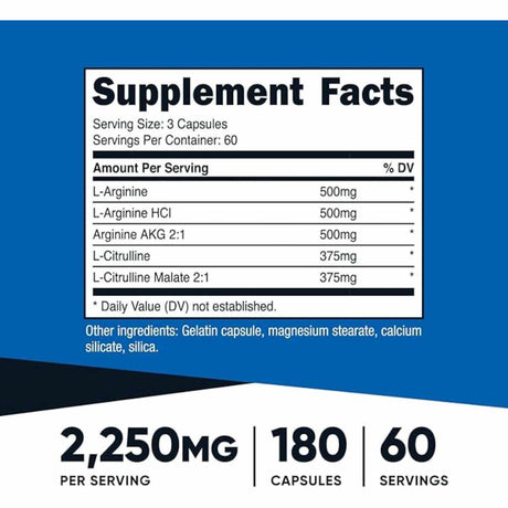Nutricost Potenciador de Óxido Nítrico 2250 mg - 180  Cápsulas - Tabla Nutricional - Haz Tu Pedido