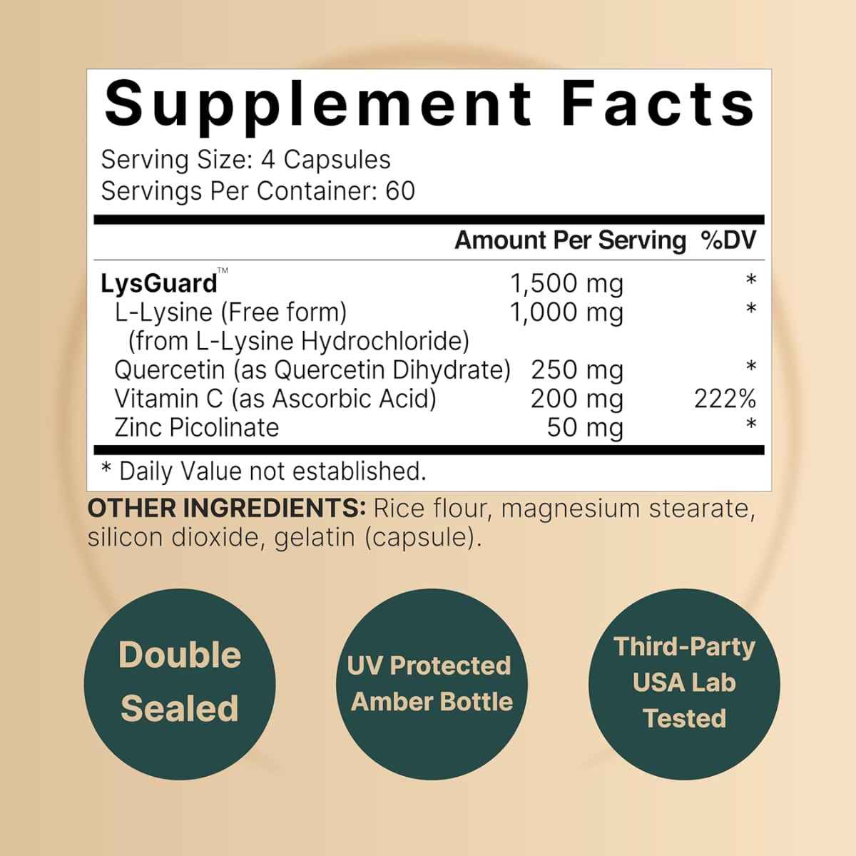NatureBell L-Lysine with Quercetin + Vitamin C And Zinc - 240 Cápsulas - Tabla Nutricional - Haz Tu Pedido