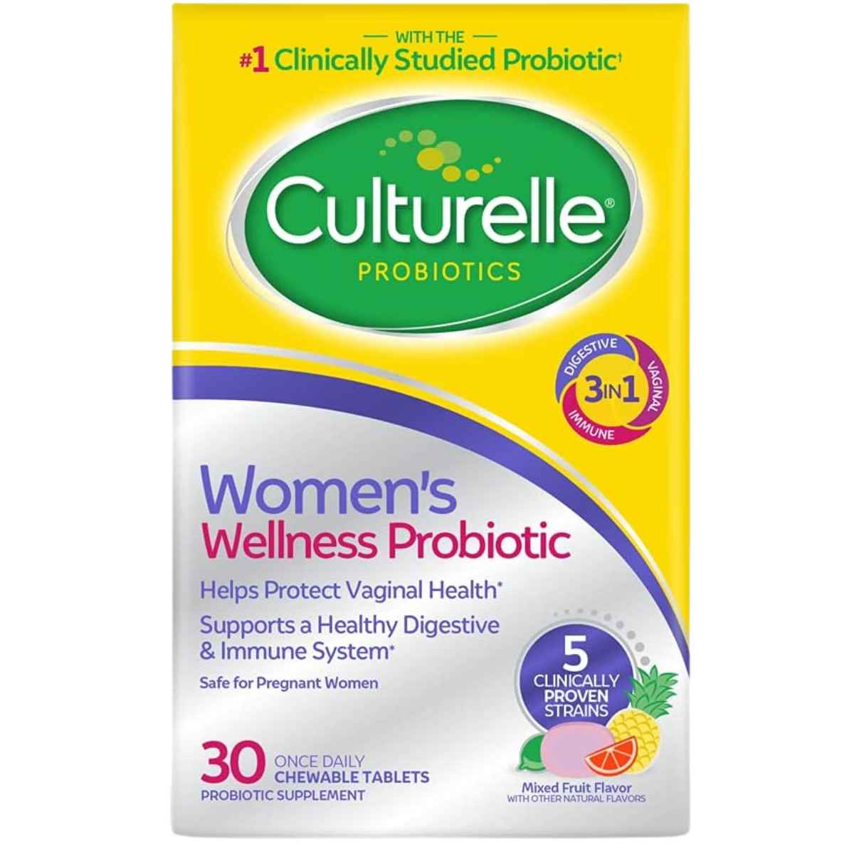 Culturelle Probiótico para el Bienestar de la Mujer - Sabor Fruta Mezclada - 30 Tabletas Masticable - Haz Tu Pedido