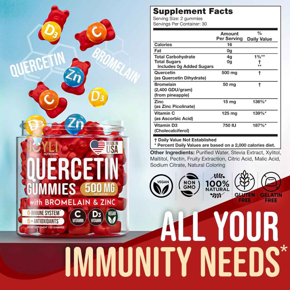 JOYLI Nutrition Quercetina 500 mg - 60 Gomitas - Tabla Nutricional - Haz Tu Pedido