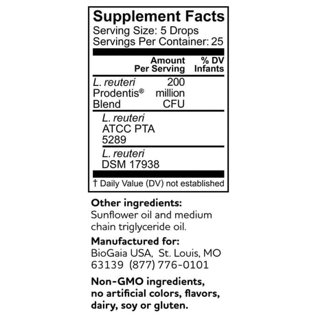 BioGaia  Prodentis Probiótico para Salud Bucal e Intestinal - 5 ml - Tabla Nutricional - Haz Tu Pedido