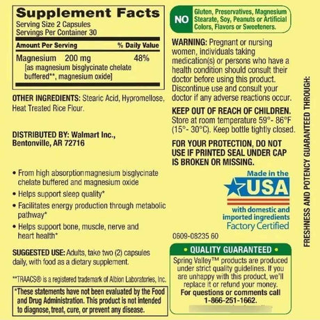 Spring Valley Magnesio 200 mg - 60 Cápsulas Vegetarianas - Tabla Nutricional - Haz Tu Pedido