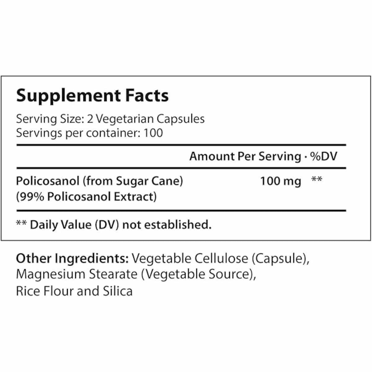 LongLifeNutri Policosanol  100 mg - 200  Cápsulas Vegetarianas - Tabla Nutricional - Haz Tu Pedido