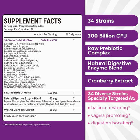 Surebounty Probiótico Equilibrio Femenino Completo 200 Mil Millones CFU - 60 Cápsulas Vegetales - Tabla Nutricional - Haz Tu Pedido
