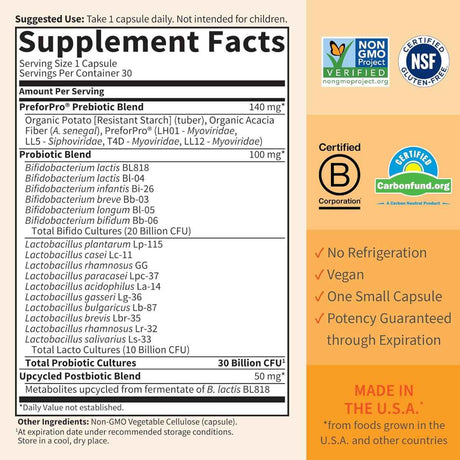 Garden of Life Dr. Formulated Probióticos 30 Mil Millones CFU - 30 Mini Cápsulas Vegetarianas - Tabla Nutricional - Haz Tu Pedido