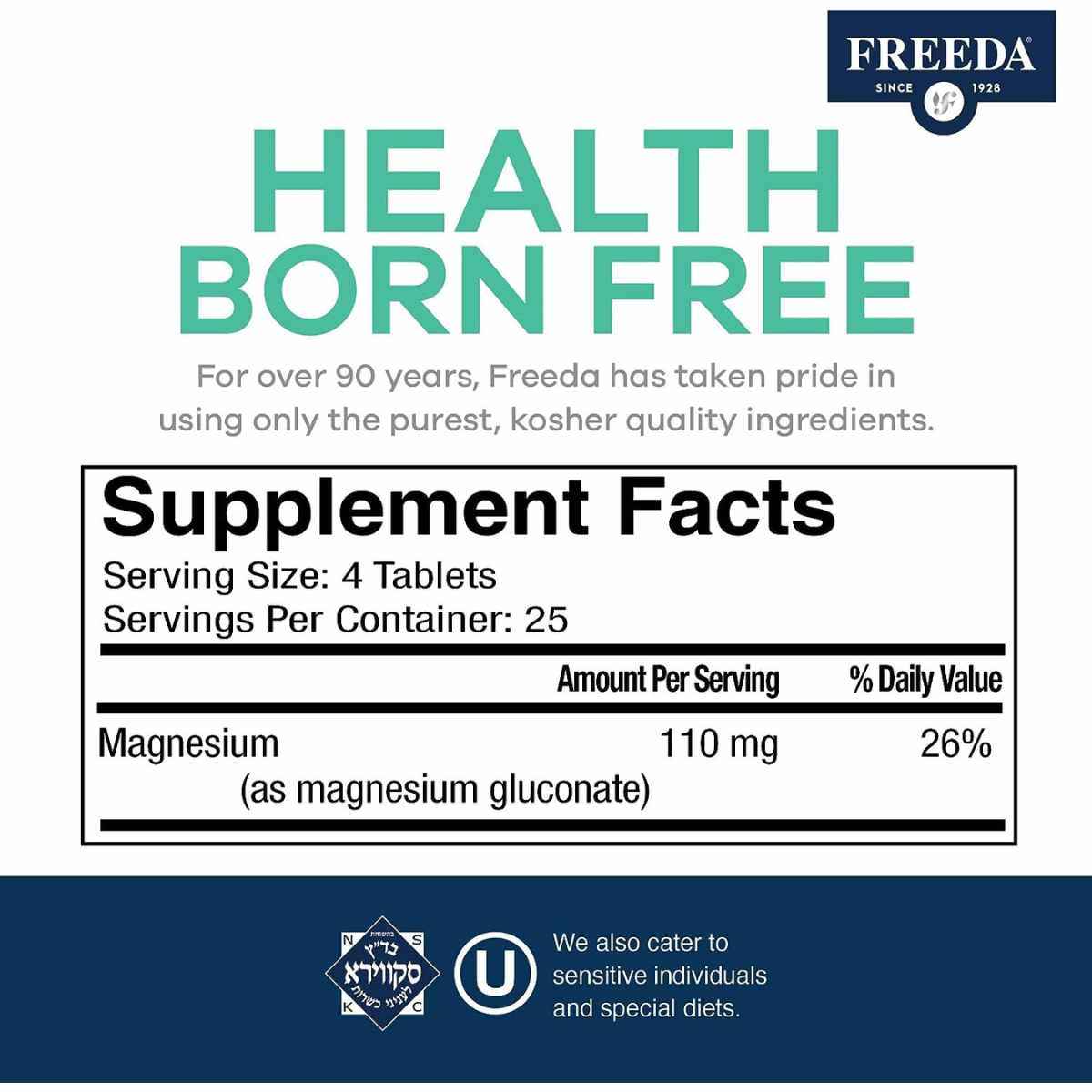 Freeda  Gluconato De Magnesio - 100 Tabletas - Tabla Nutricional - Haz Tu Pedido