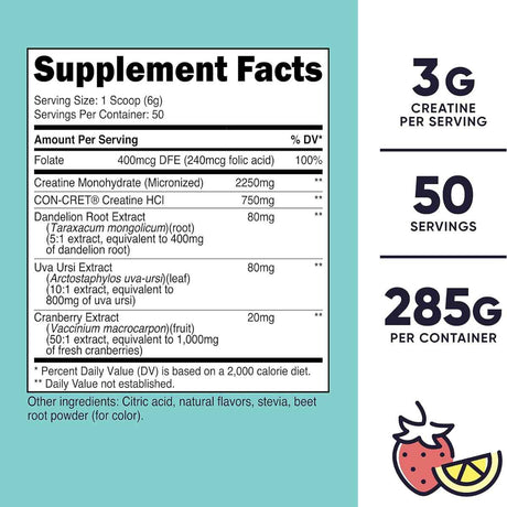 Nutricost Creatina para Mujer 3 g - Sabor Limonada de fresa - 285 g - Tabla Nutricional - Haz Tu Pedido