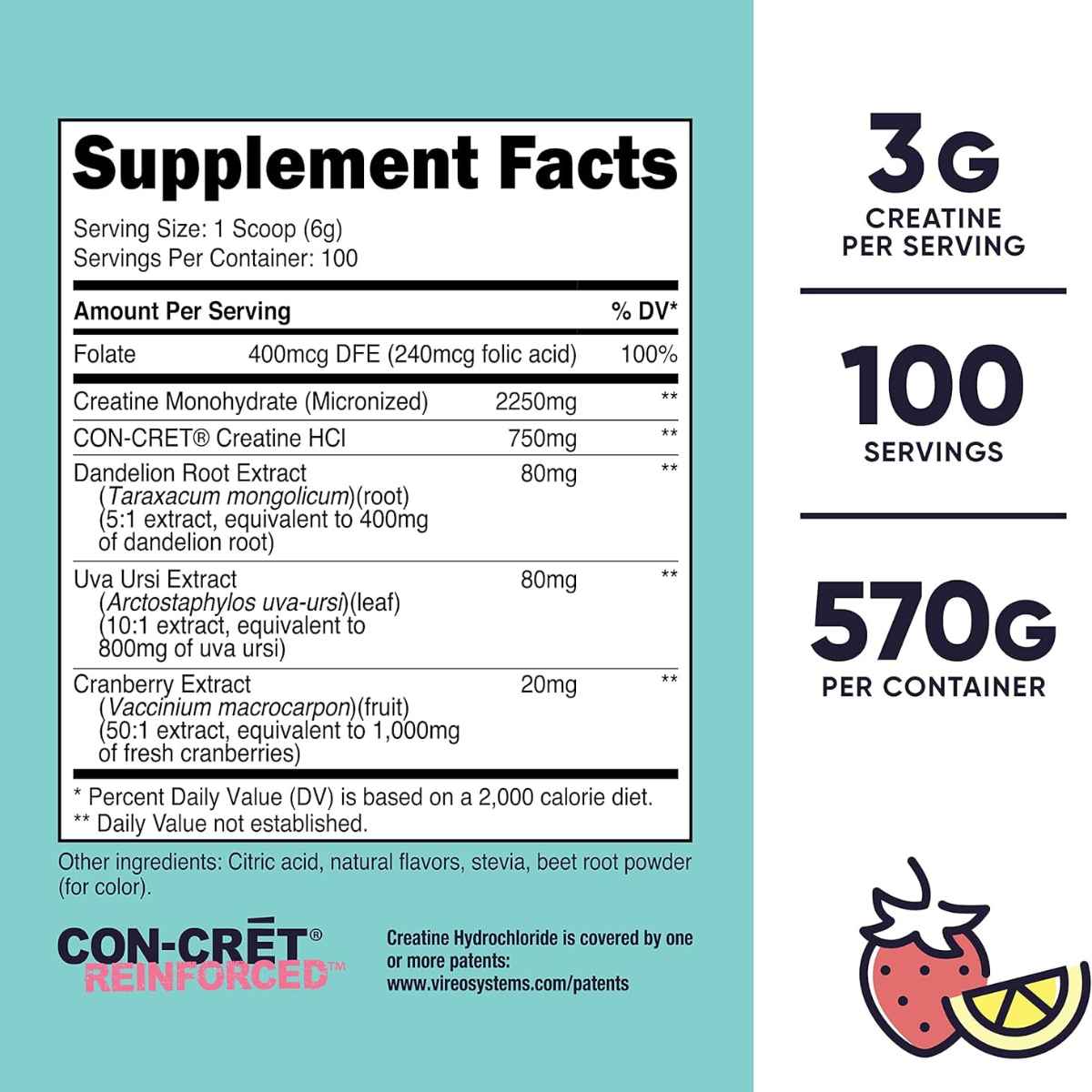 Nutricost Monohidrato de Creatina para Mujer 3 g - Sabor Limonada de fresa - 570 g - Tabla Nutricional - Haz Tu Pedido