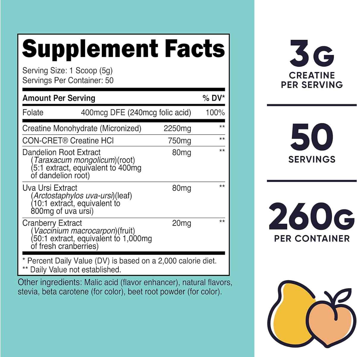 Nutricost Creatina para Mujer 3 g - Sabor Melocotón Mango - 260 g - Tabla Nutricional - Haz Tu Pedido