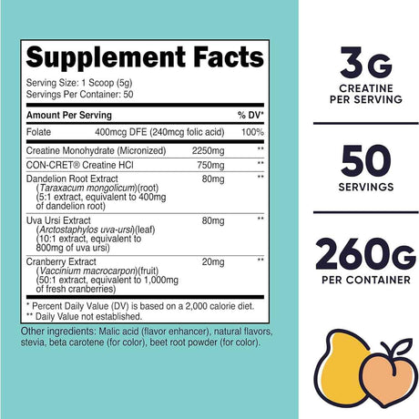 Nutricost Creatina para Mujer 3 g - Sabor Melocotón Mango - 260 g - Tabla Nutricional - Haz Tu Pedido