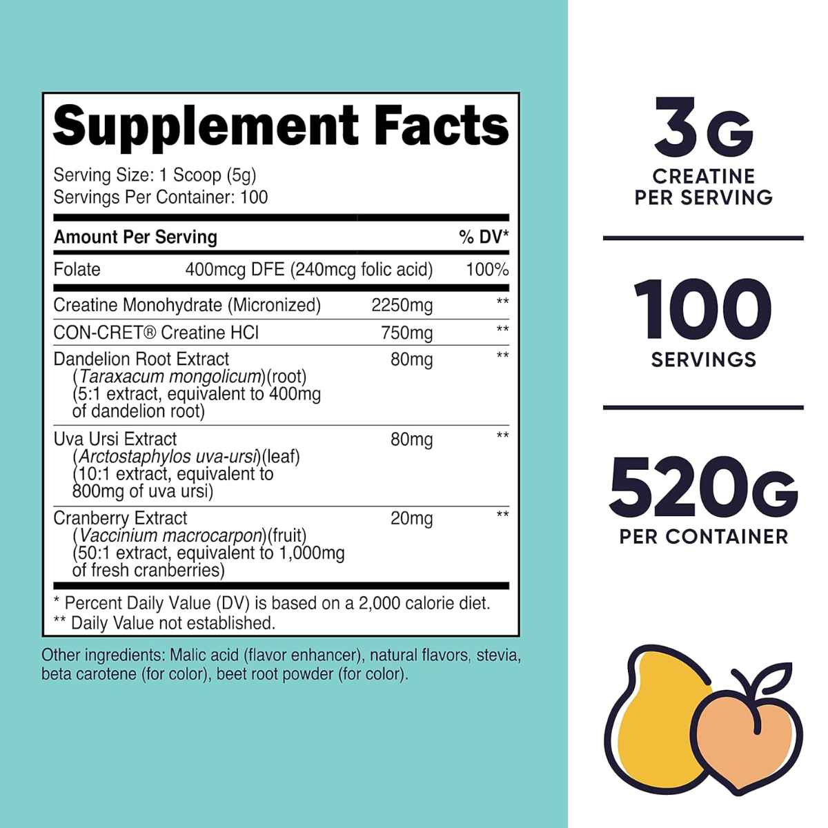Nutricost Monohidrato de Creatina para Mujer 3 g - Sabor Melocotón Mango - 520 g - Tabla Nutricional - Haz Tu Pedido