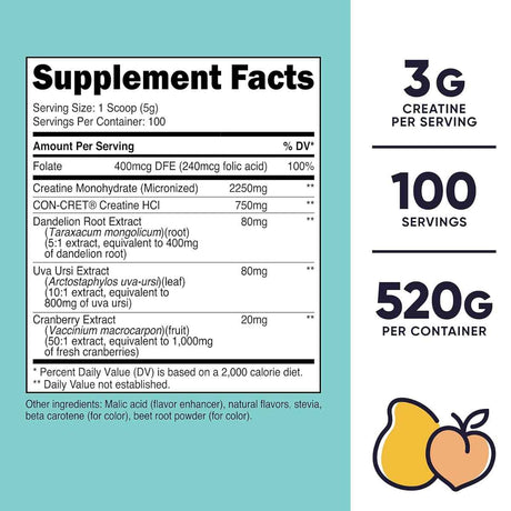 Nutricost Monohidrato de Creatina para Mujer 3 g - Sabor Melocotón Mango - 520 g - Tabla Nutricional - Haz Tu Pedido