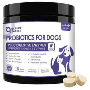 Nature Target Probiótico Completo con Omega 3 para Perros 6 Mil Millones CFU - Sabor Pollo - 120 Masticables - Haz Tu Pedido