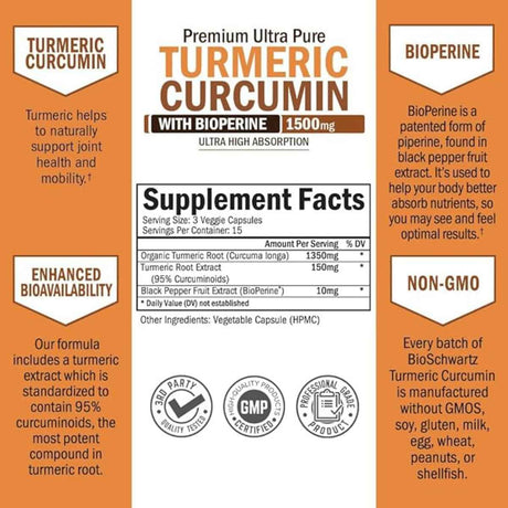 BioSchwartz Cúrcuma Curcumina y Bioperine  1500 mg - 45 Cápsulas Vegetales - Tabla Nutricional - Haz Tu Pedido