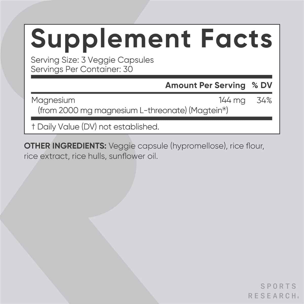 Sports Research Magnesio L-Treonato Con Magtein 2000 mg - 90 Cápsulas Vegetales - Tabla Nutricional - Haz Tu Pedido
