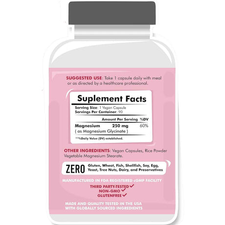 American Standard Supplements Glicinato De Magnesio 250 mg - 90 Cápsulas Veganas - Tabla Nutricional - Haz Tu Pedido