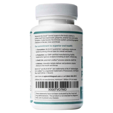Replenish the Good Probiótico para Salud Dental 3 Mil Millones CFU - Sabor Menta - 30 Tabletas Masticable - Tabla Nutricional - Haz Tu Pedido