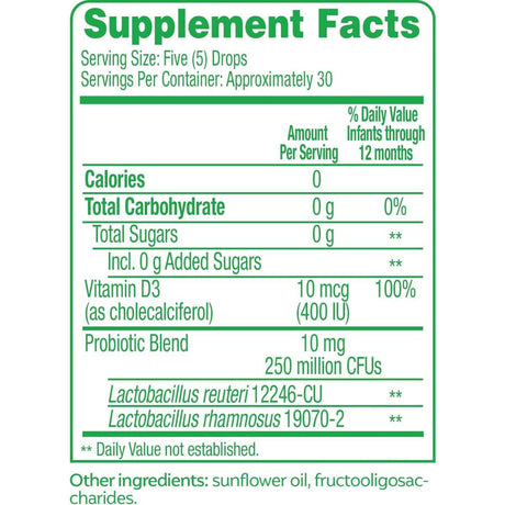 Culturelle Probiótico Calmante con Vitamina D para Cólicos de Bebés - 7,5 ml - Tabla Nutricional - Haz Tu Pedido