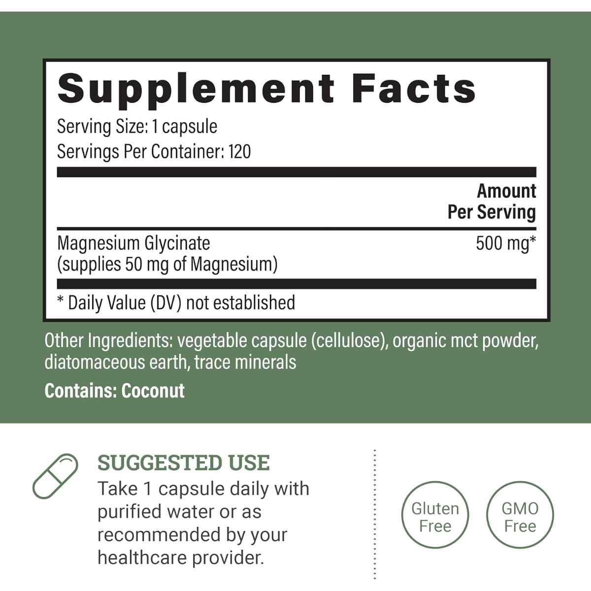 Earth Harmony Naturals Magnesio Glicinato para Relajación y Bienestar 500 mg - 120 Cápsulas - Tabla Nutricional - Haz Tu Pedido