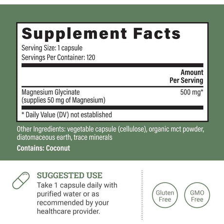Earth Harmony Naturals Magnesio Glicinato para Relajación y Bienestar 500 mg - 120 Cápsulas - Tabla Nutricional - Haz Tu Pedido