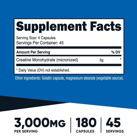 Nutricost Monohidrato de Creatina 3000 mg - 180 Cápsulas - Tabla Nutricional - Haz Tu Pedido
