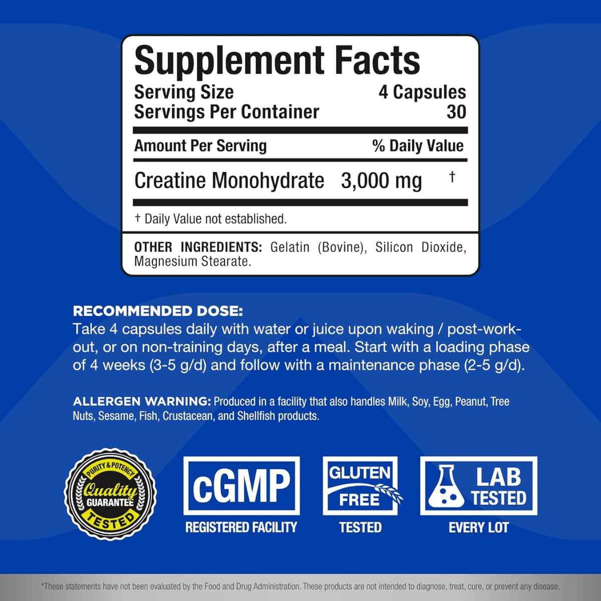 AllMax Nutrition Monohidrato de Creatina 3000 mg - 120 Cápsulas - Tabla Nutricional - Haz Tu Pedido