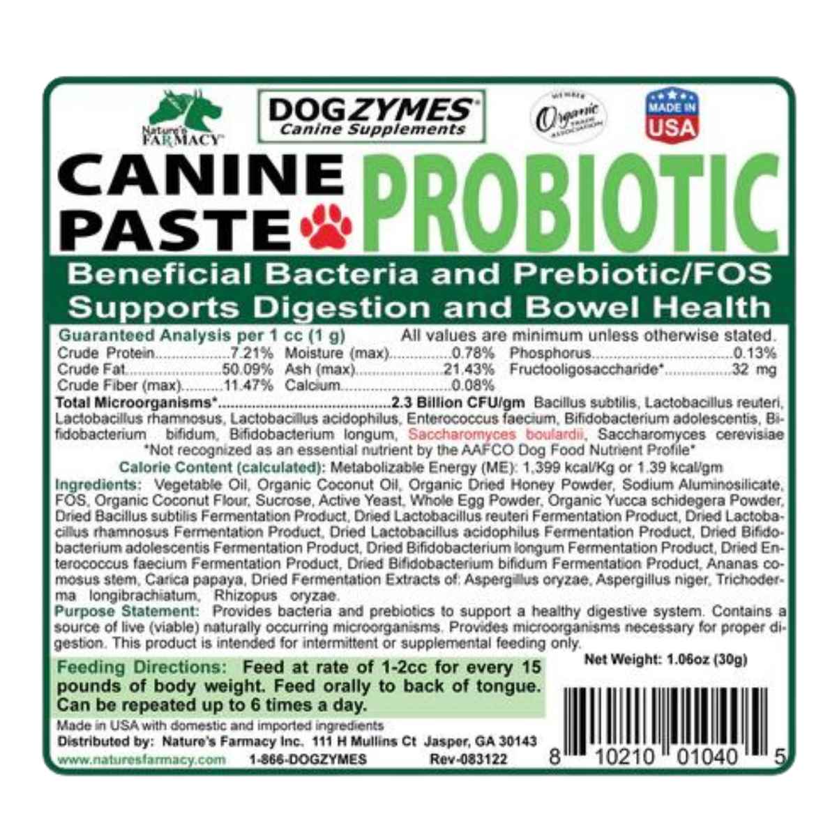 Nature's Farmacy Dogzymes Probiótico para Caninos  - 15 g - Tabla Nutricional - Haz Tu Pedido